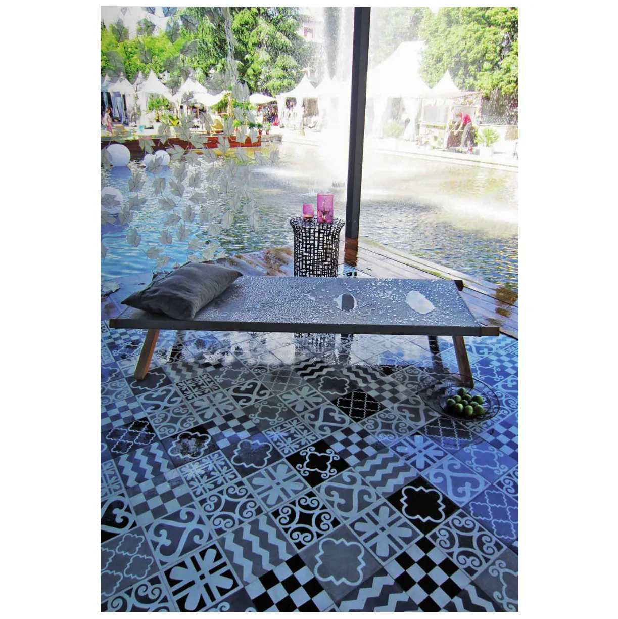Black, Grey and Red Lierre Corner Carocim Tile (8" x 8") (Individual Tile)