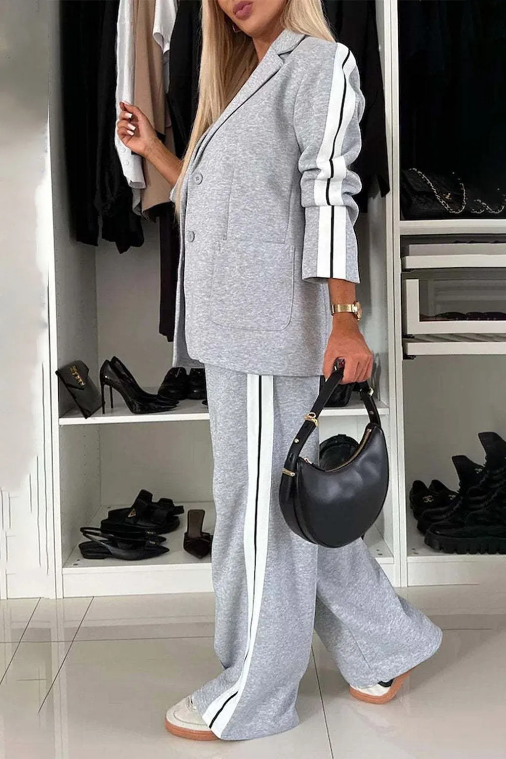 Contrast Lapel Collar Top and Pants Set