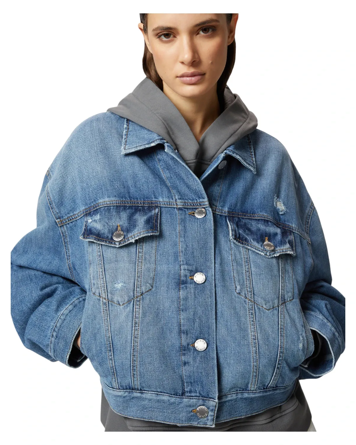 Giubbino Jeans  Denim Rebel Wash con Taschini e Rotture