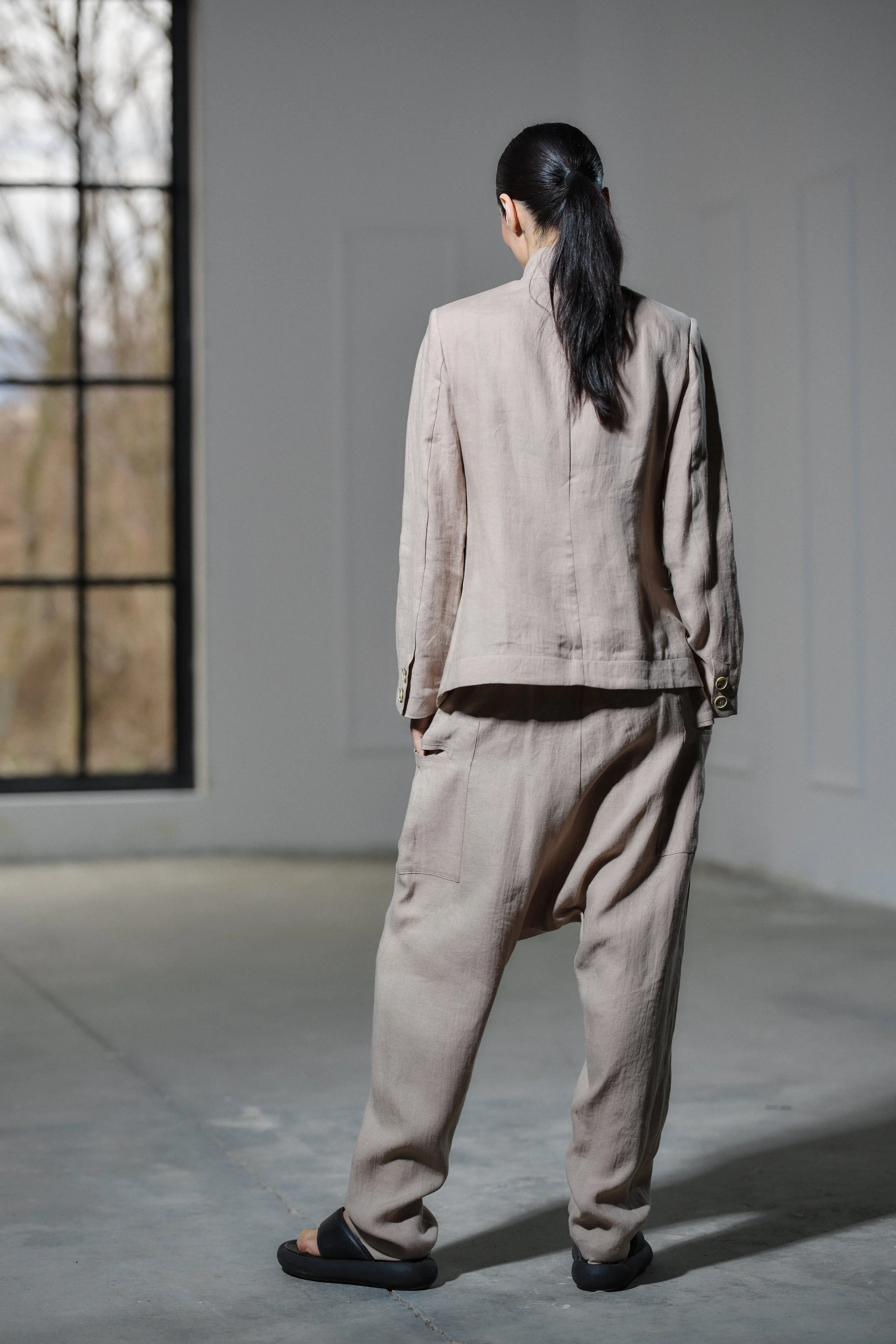 Light beige drop crotch linen pants