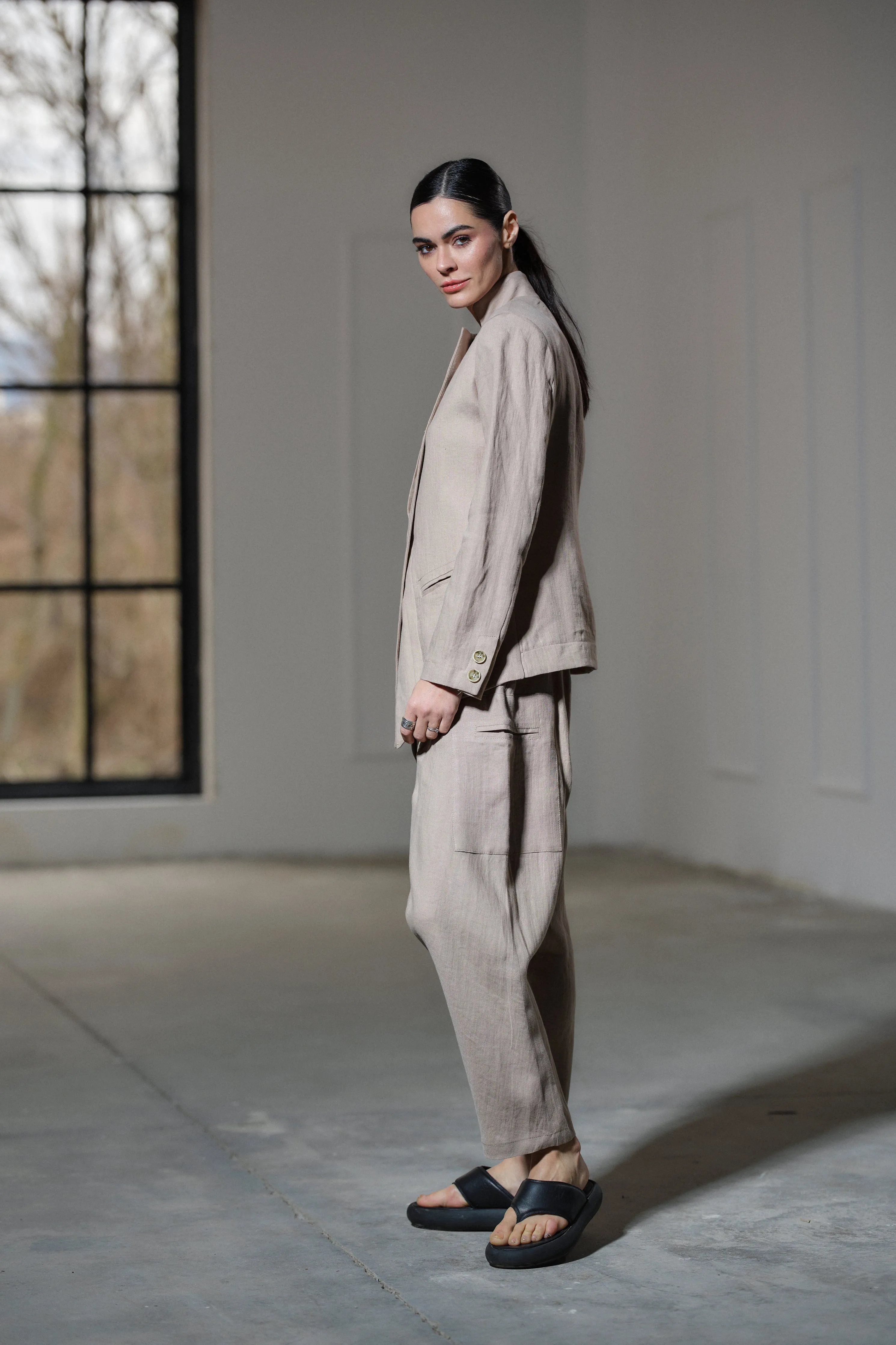 Light beige drop crotch linen pants