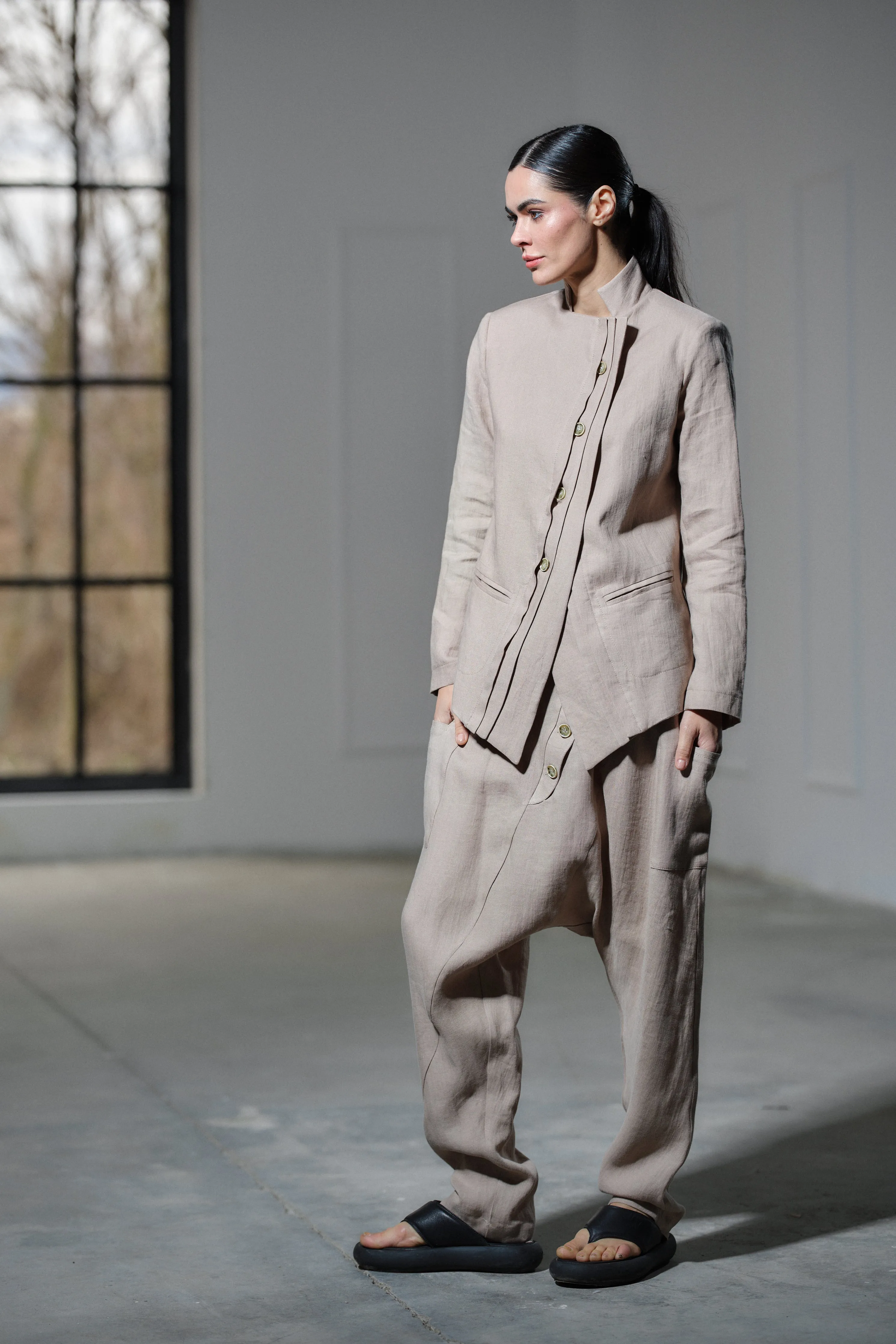 Light beige drop crotch linen pants