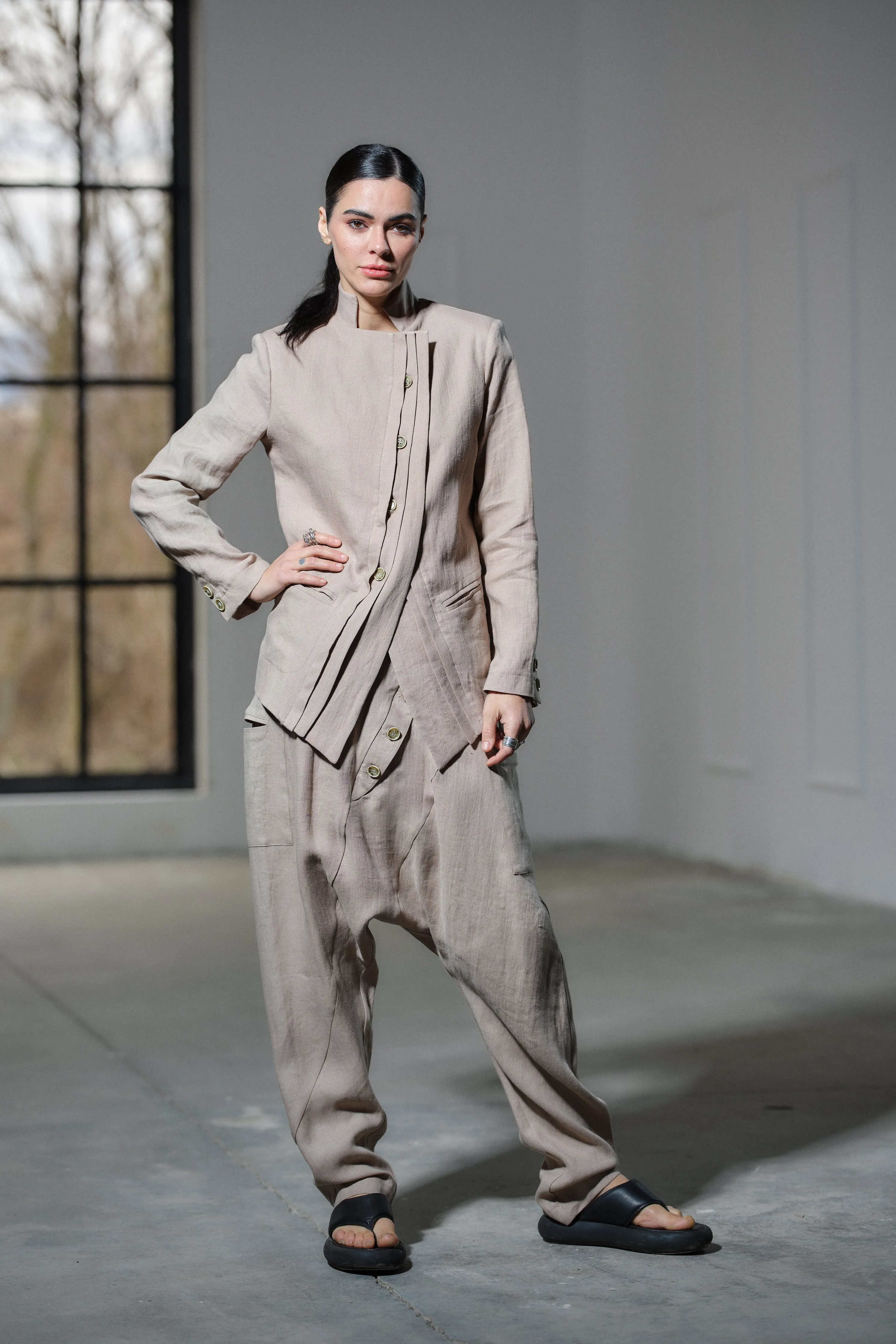 Light beige drop crotch linen pants