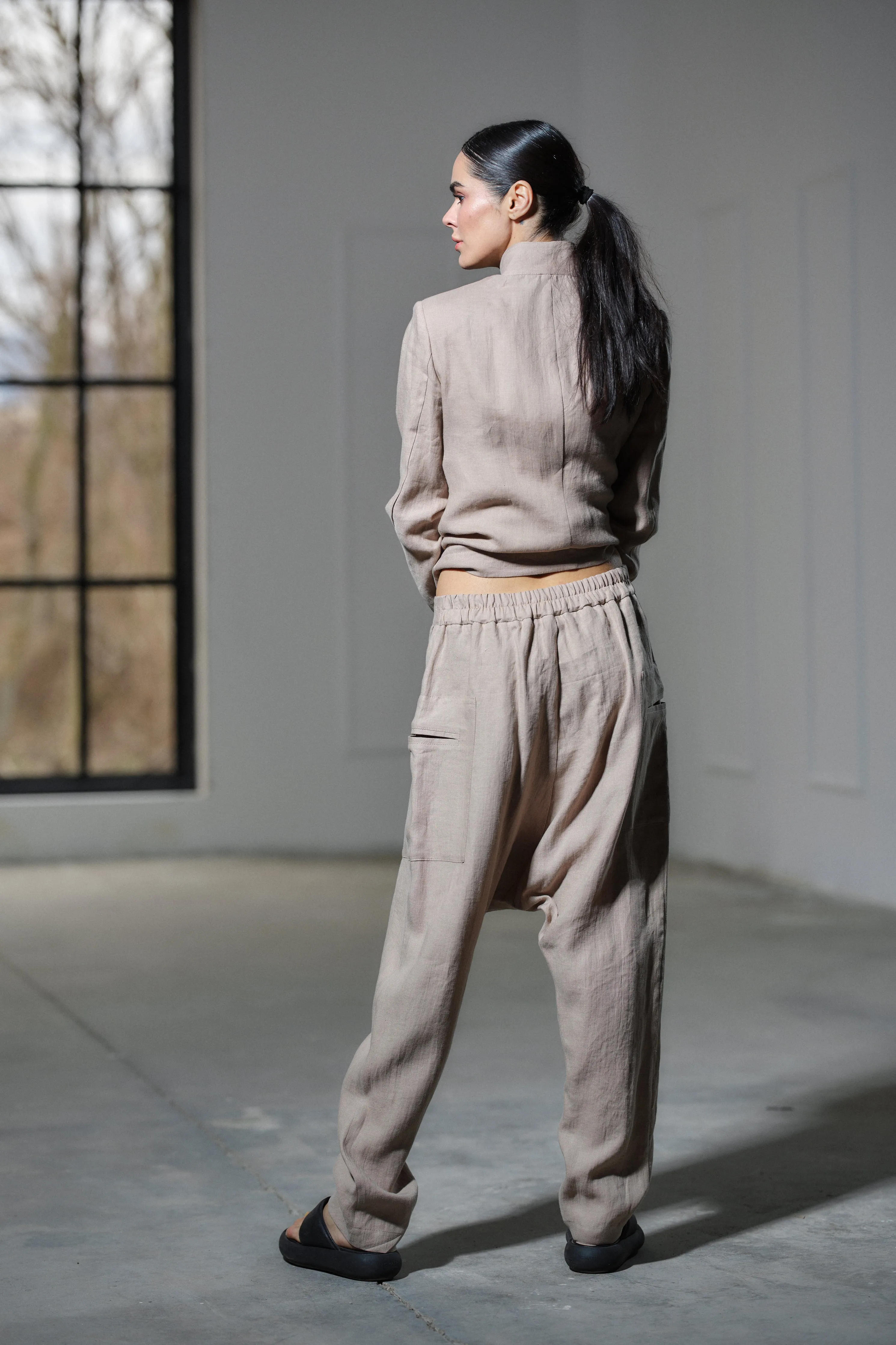 Light beige drop crotch linen pants