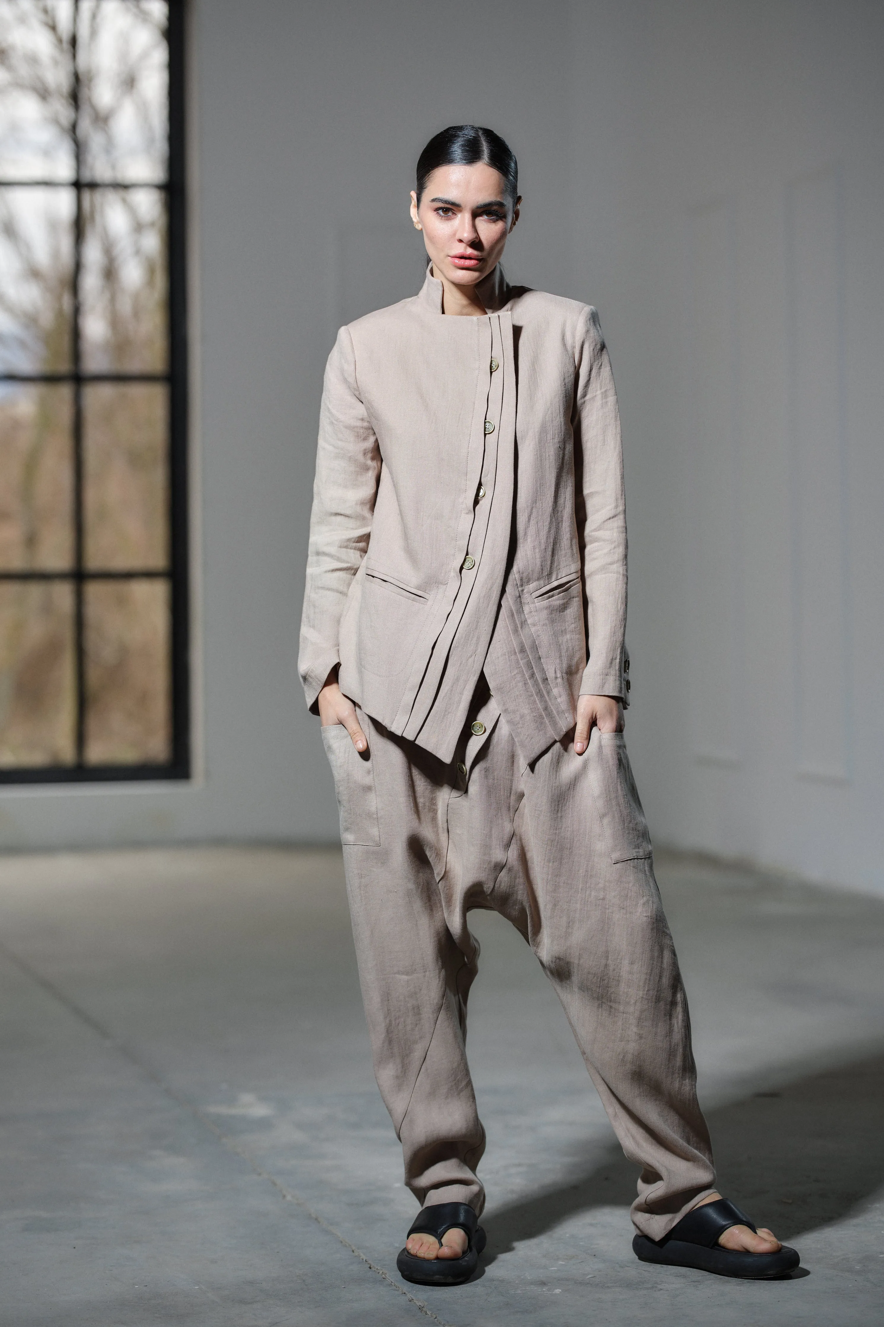 Light beige drop crotch linen pants
