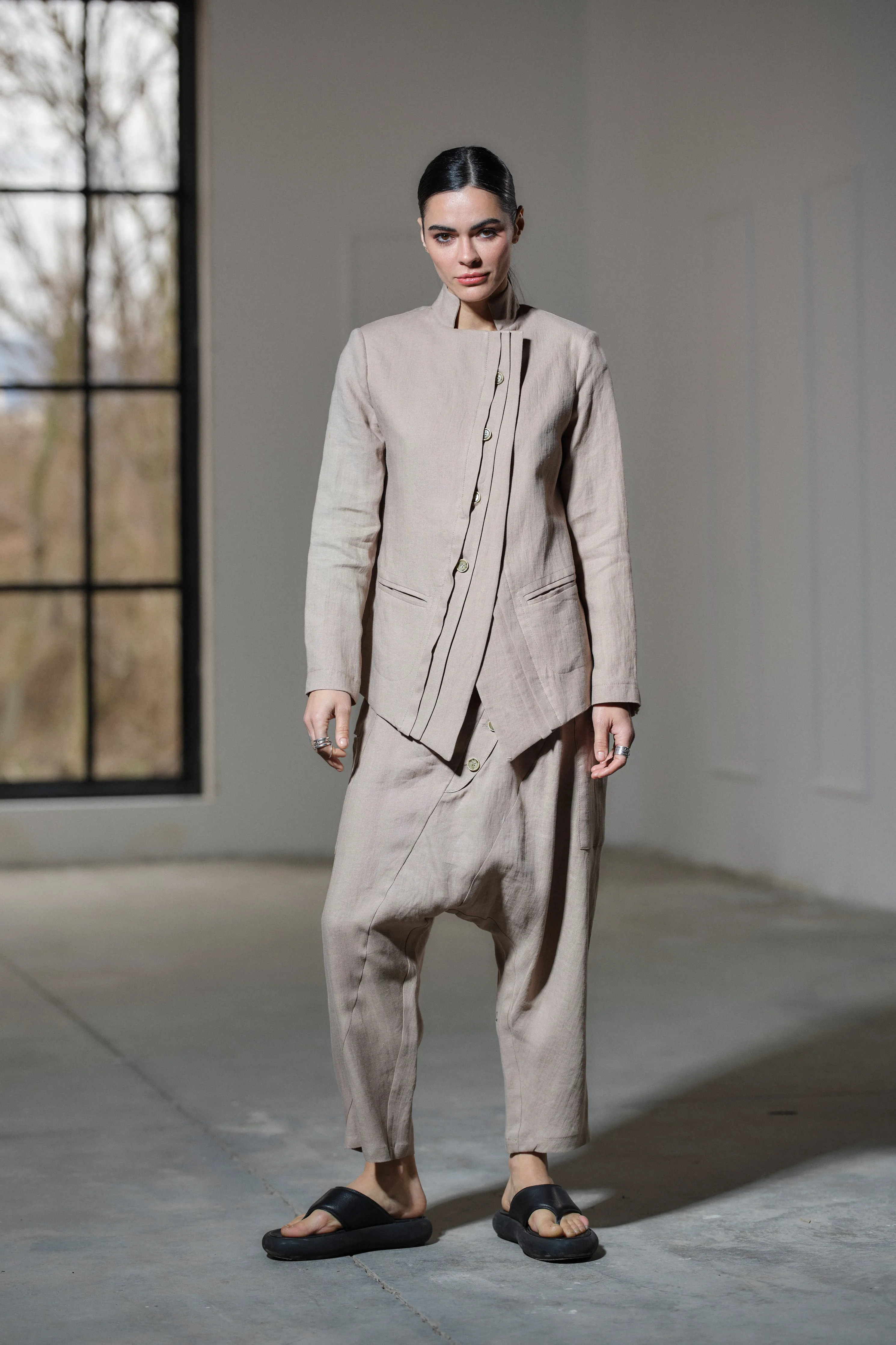 Light beige drop crotch linen pants
