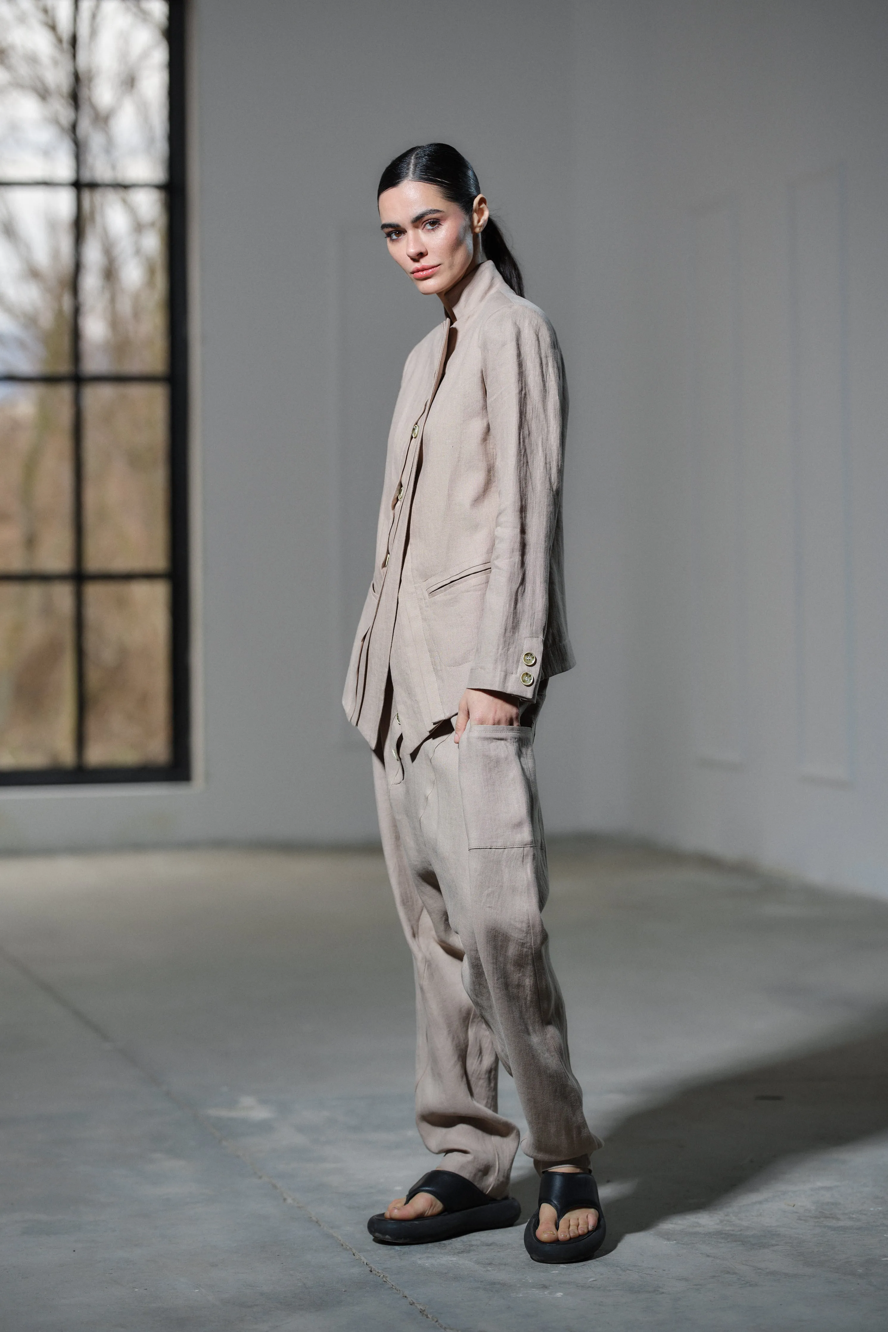 Light beige drop crotch linen pants