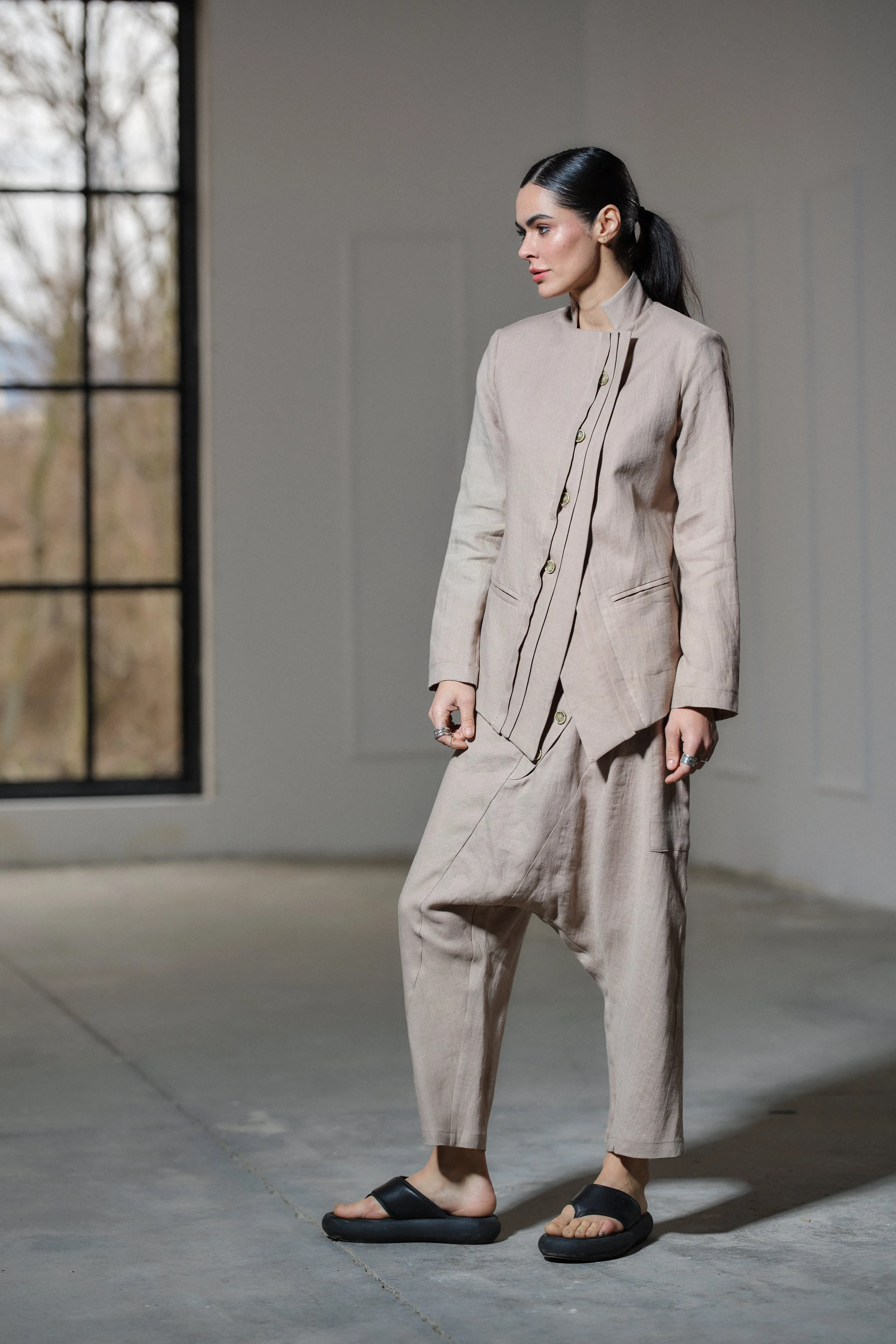 Light beige drop crotch linen pants