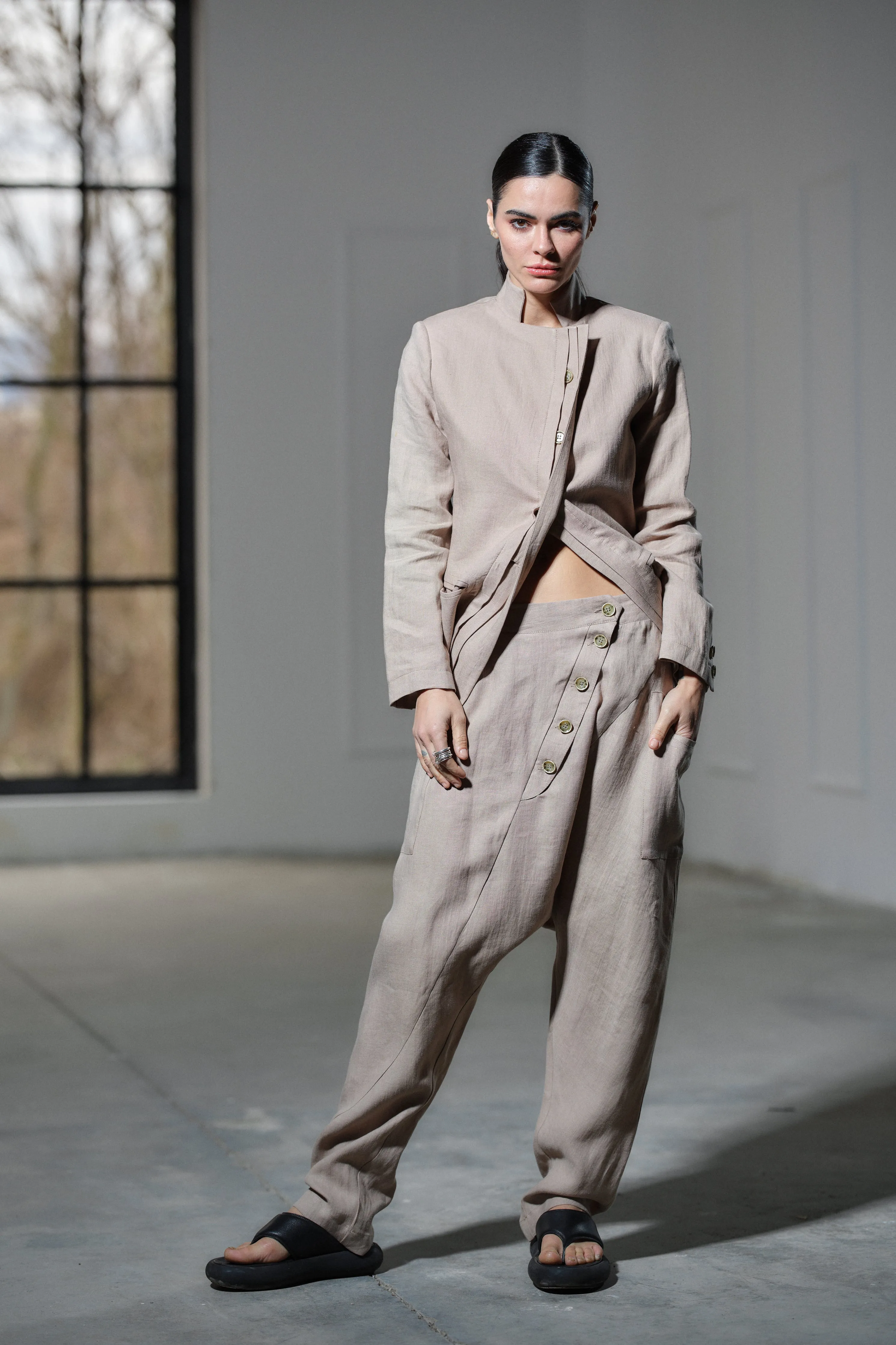 Light beige drop crotch linen pants