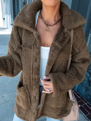 New Faux Fur Coats Khaki Long Sleeves Oversized Front Button Women Winter Coat
