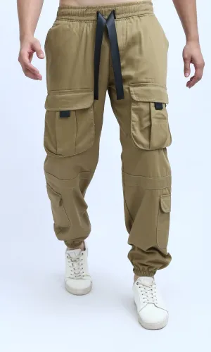 O191960 - Elastic Waist Olive Cargo Pants With Multi-Pockets