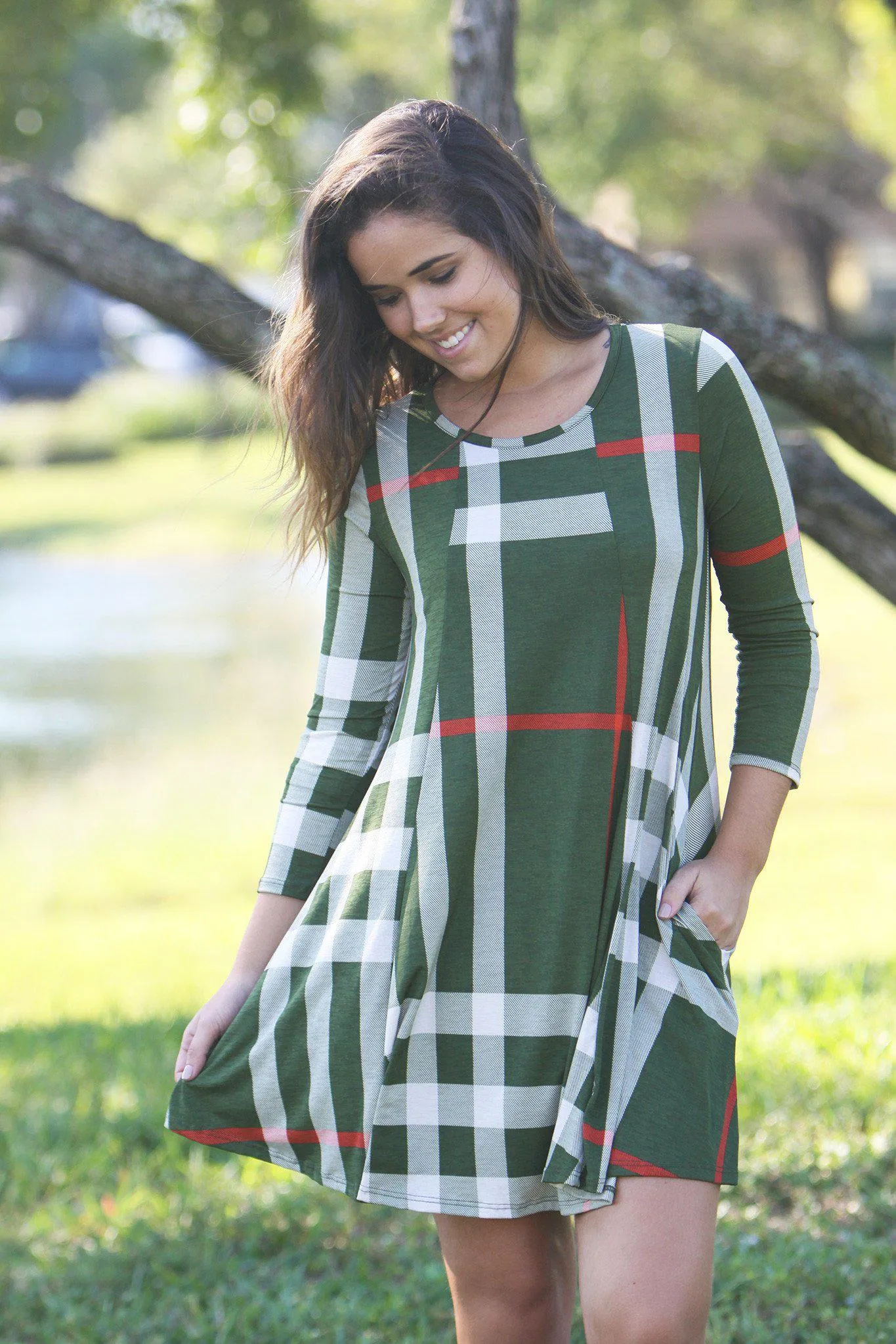 Olive Check Print Short Dress with 3/4 Sleeves