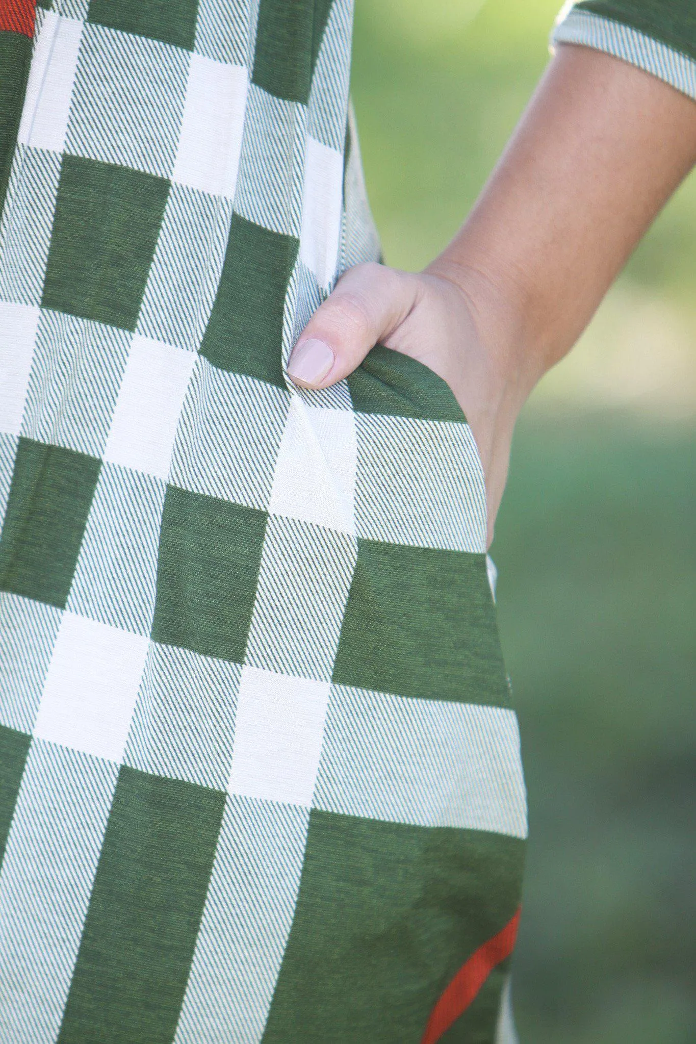 Olive Check Print Short Dress with 3/4 Sleeves