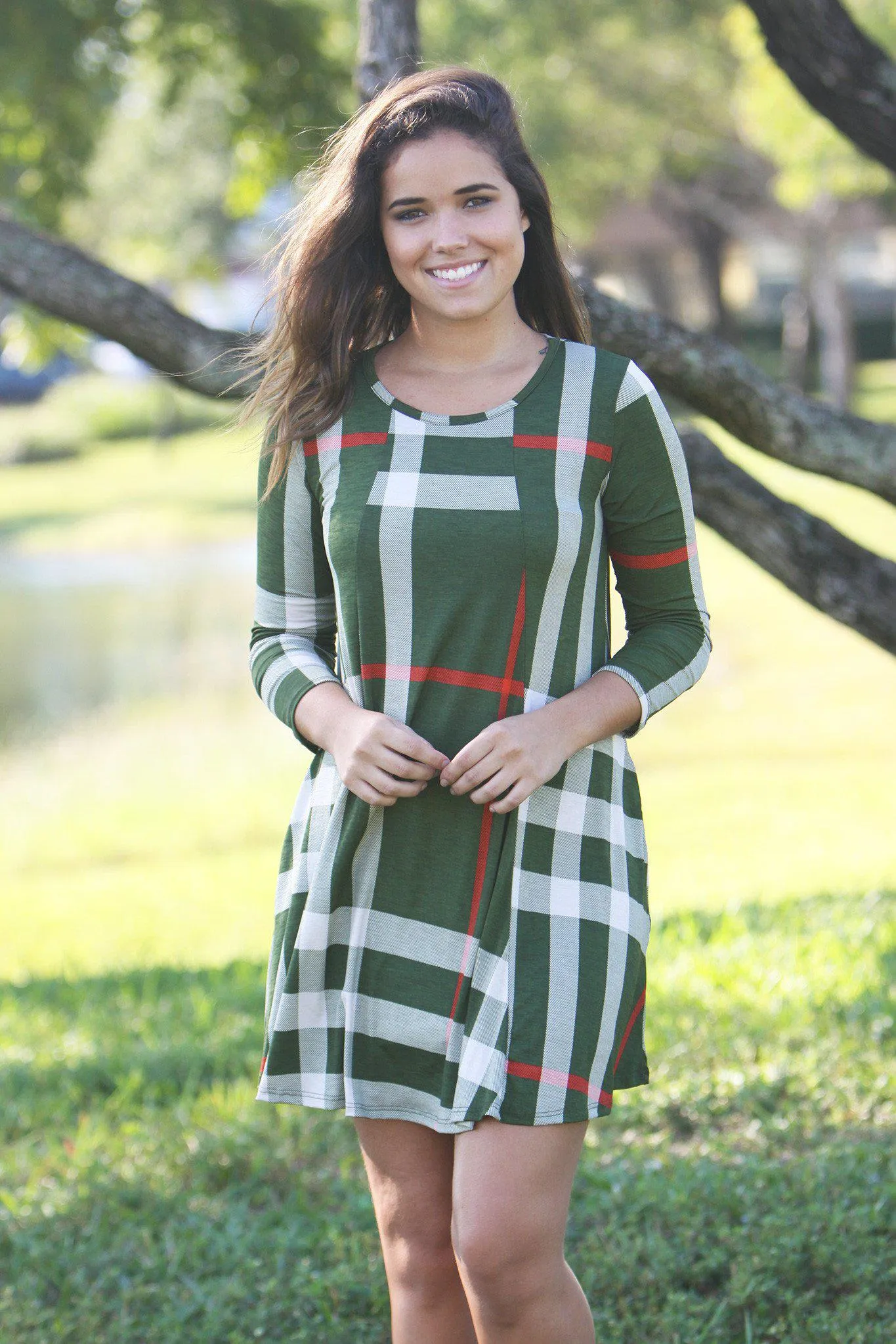 Olive Check Print Short Dress with 3/4 Sleeves