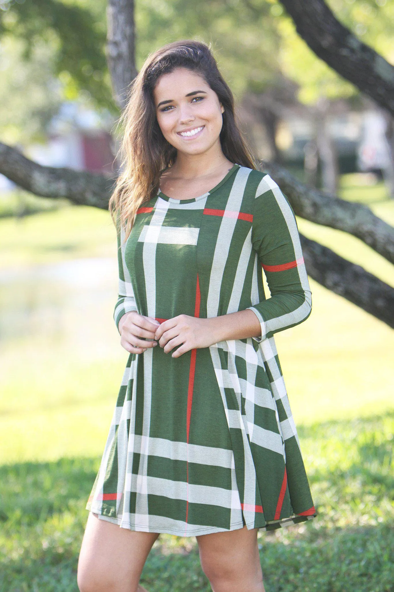 Olive Check Print Short Dress with 3/4 Sleeves