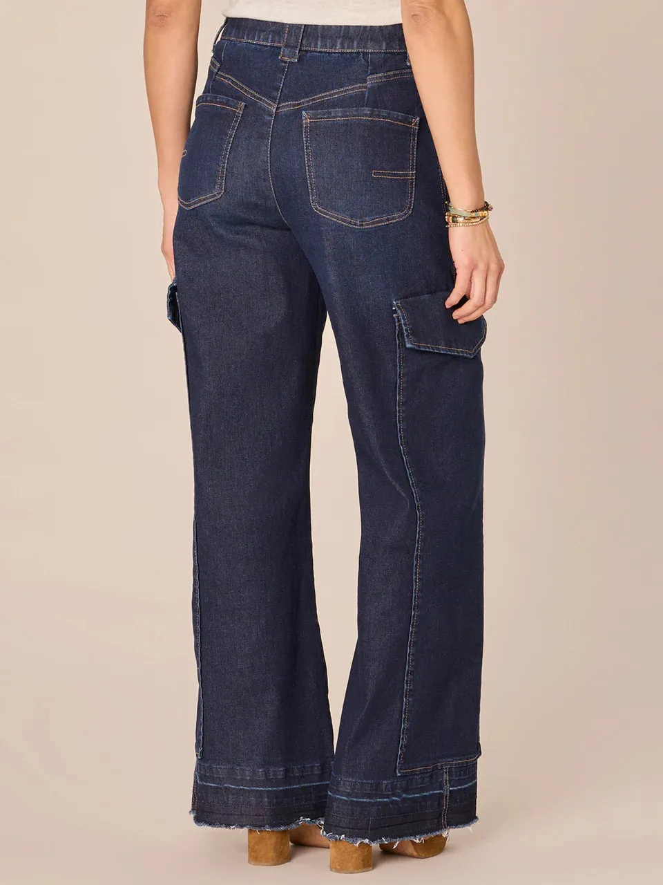 "AB" Solution Skyrise Cargo Wide Leg w/Released Fray Hem-Dark Indigo