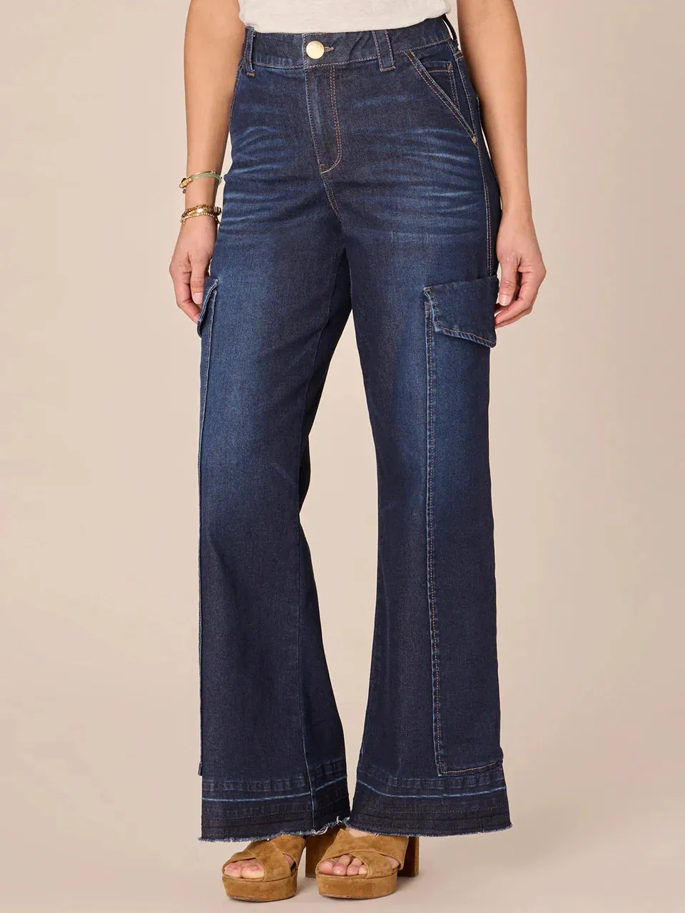 "AB" Solution Skyrise Cargo Wide Leg w/Released Fray Hem-Dark Indigo