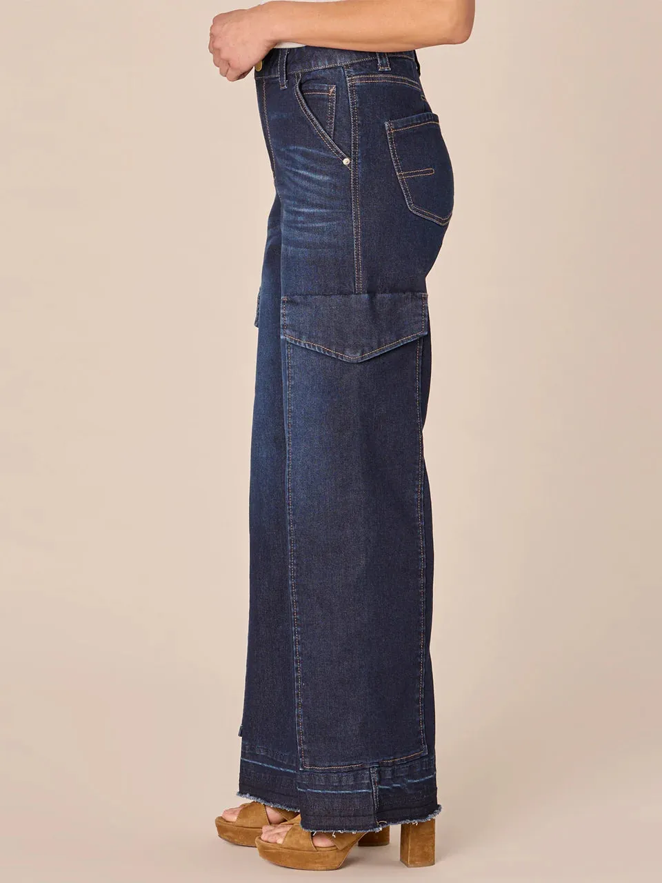 "AB" Solution Skyrise Cargo Wide Leg w/Released Fray Hem-Dark Indigo