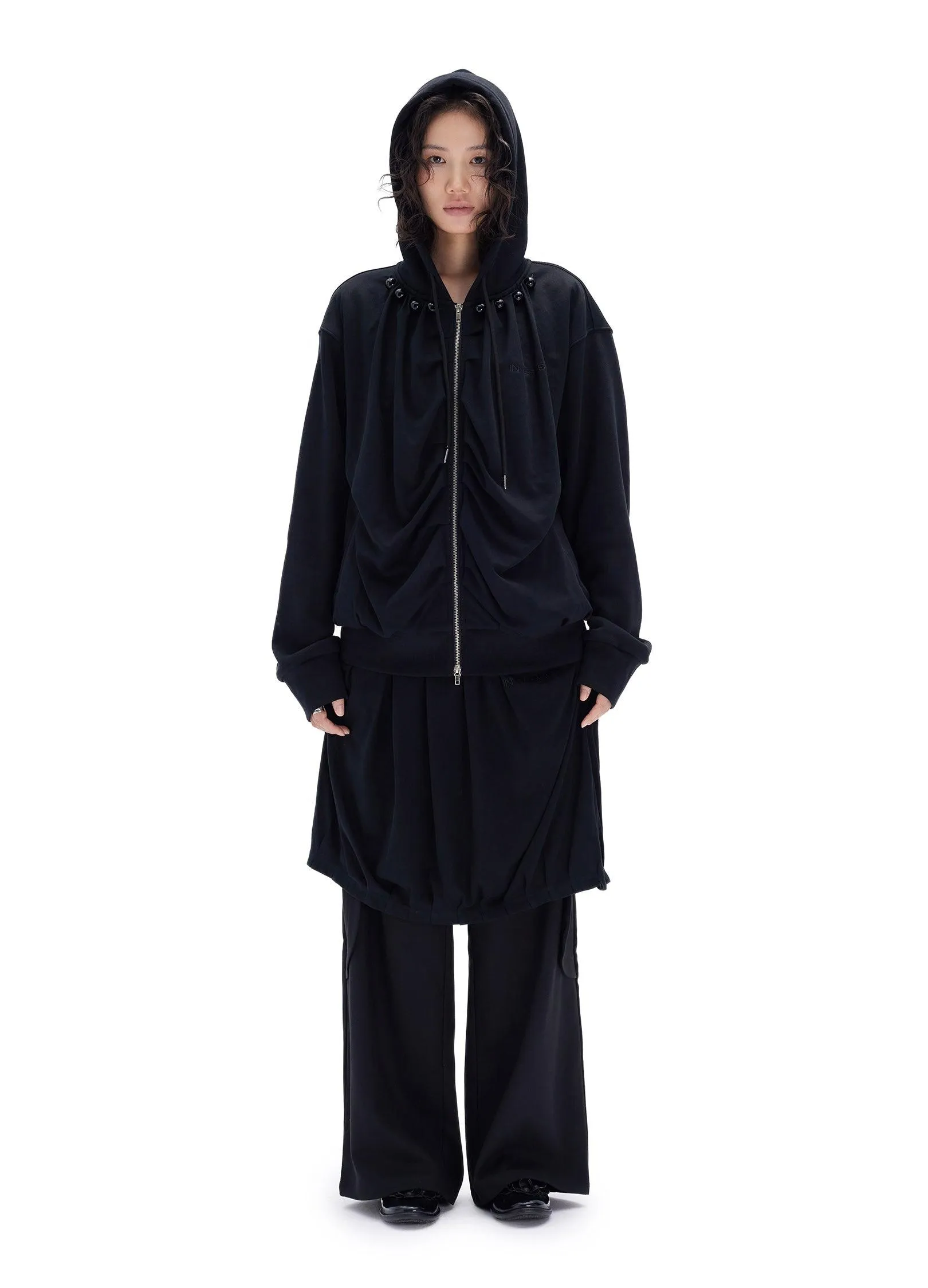 Stylish Pleated Hooded Cotton Sweater With Zip Closure