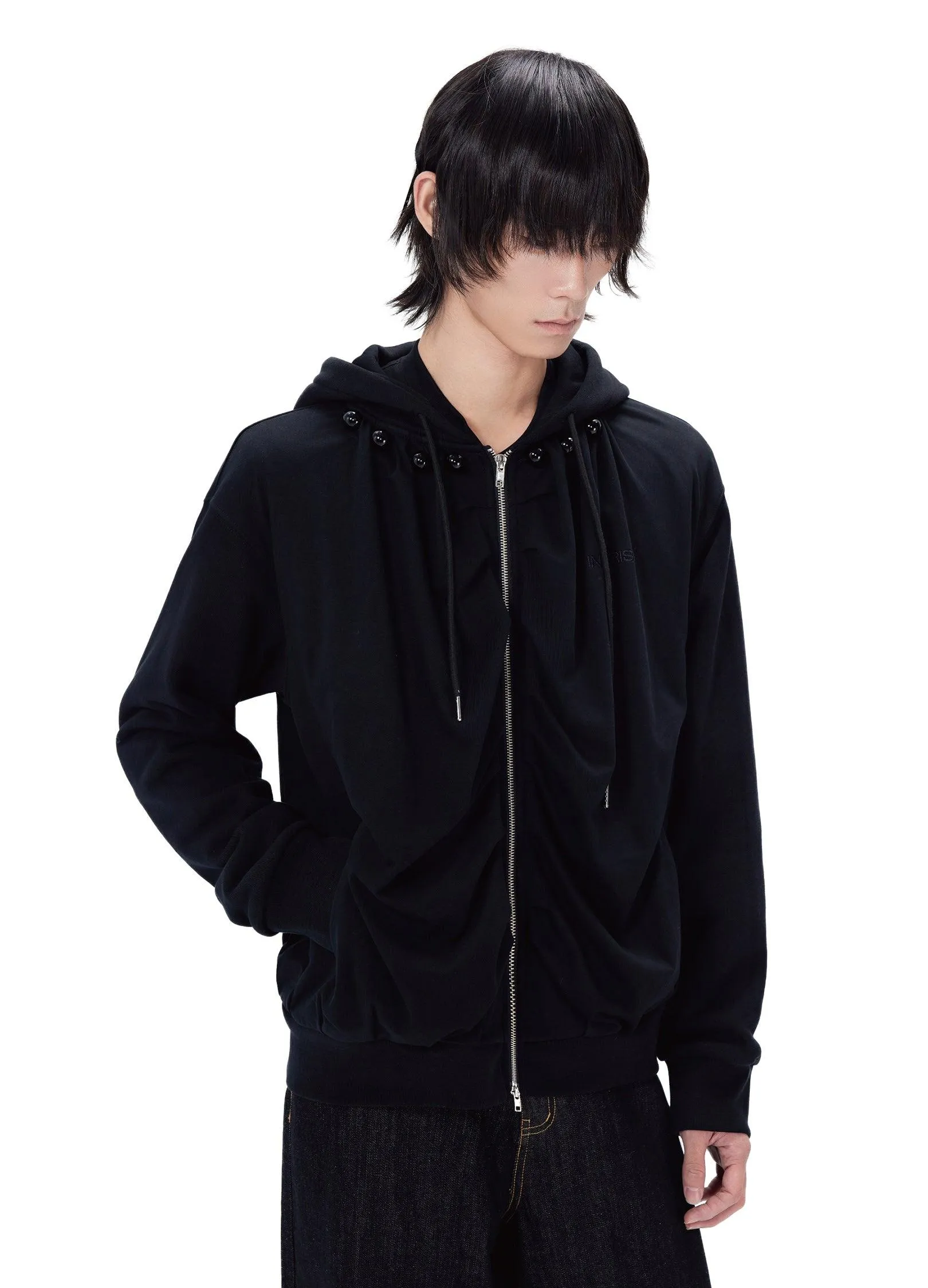 Stylish Pleated Hooded Cotton Sweater With Zip Closure