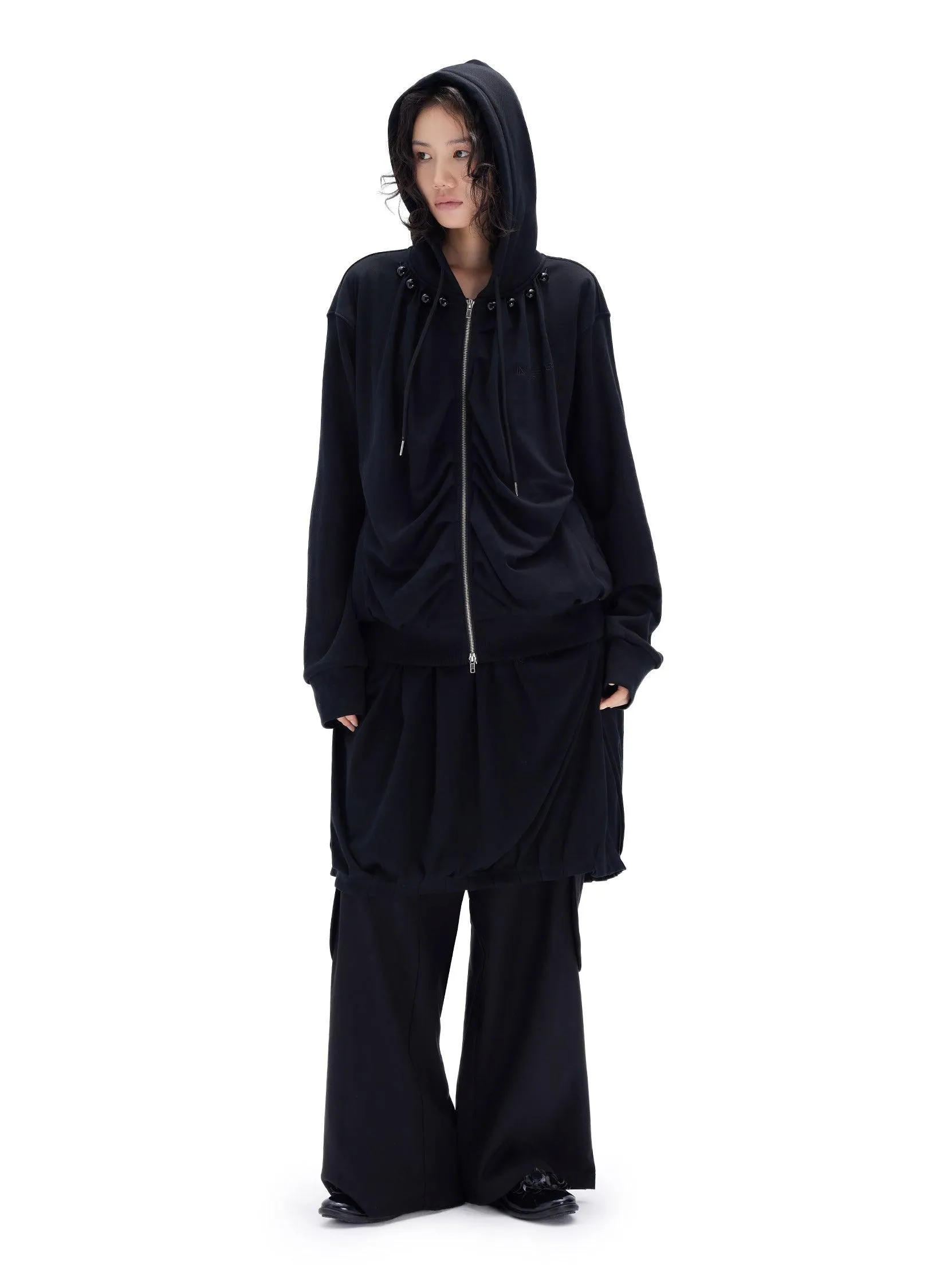 Stylish Pleated Hooded Cotton Sweater With Zip Closure