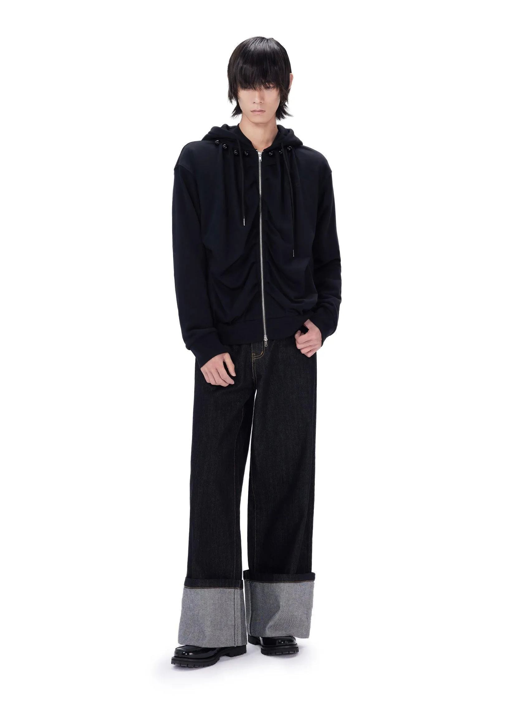 Stylish Pleated Hooded Cotton Sweater With Zip Closure