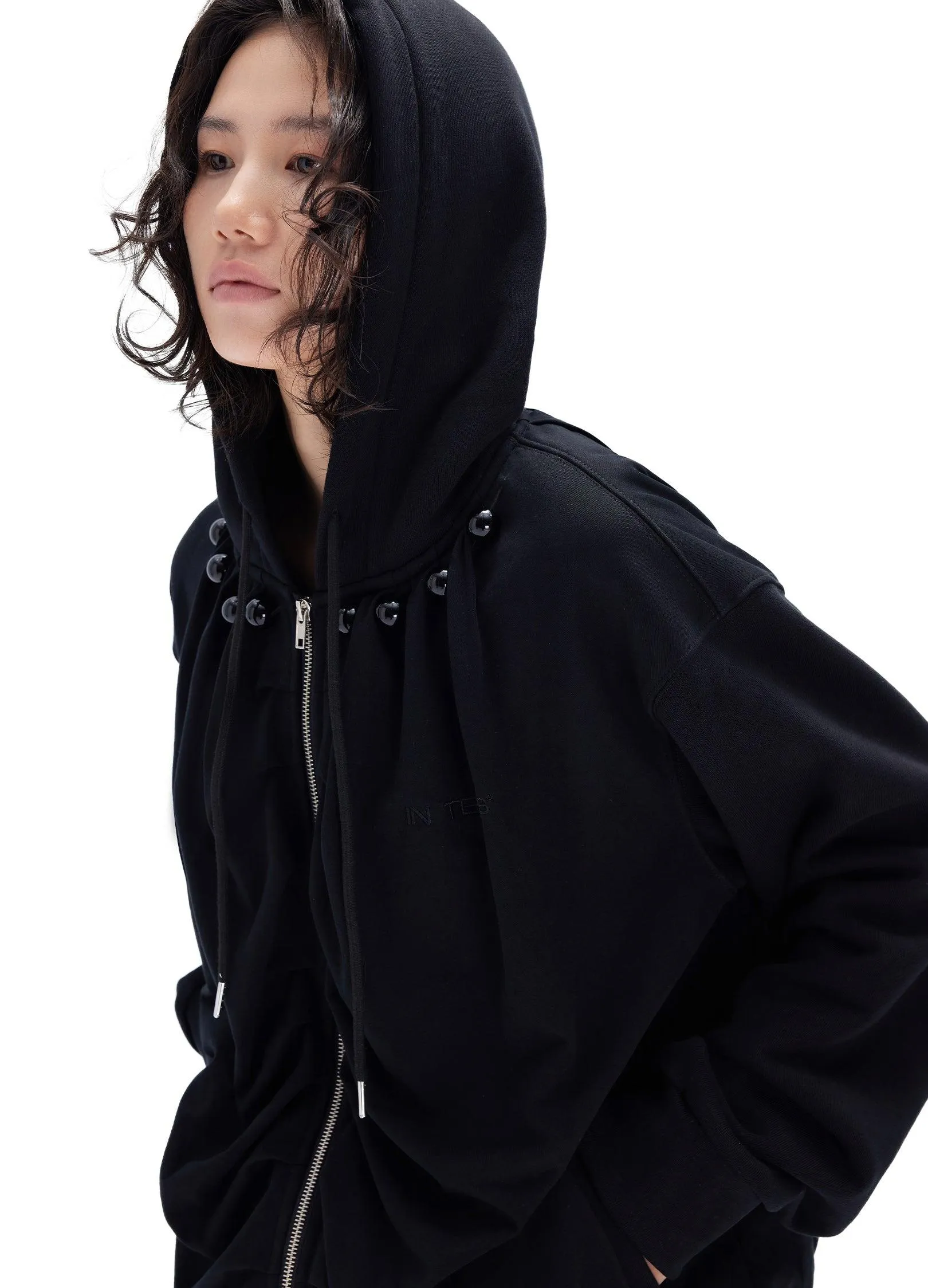 Stylish Pleated Hooded Cotton Sweater With Zip Closure